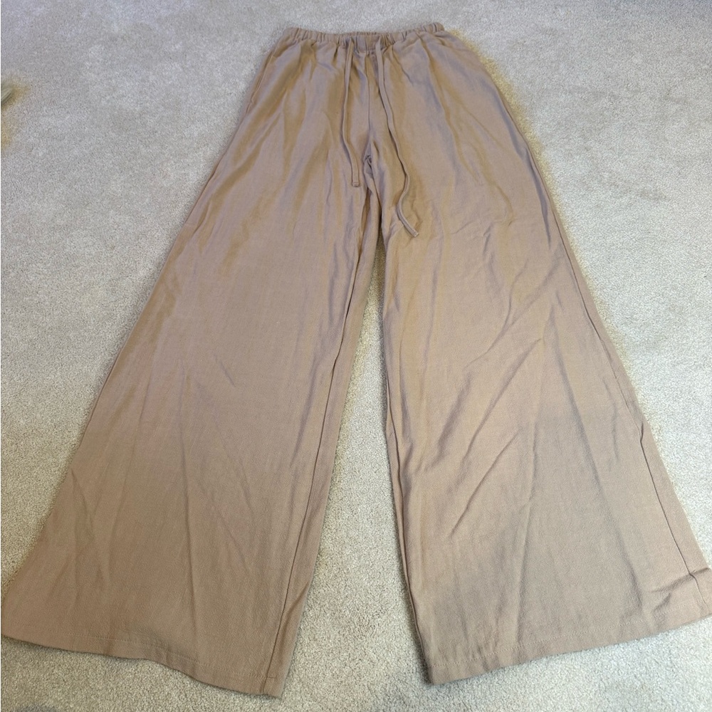 Tan Cotton Linen Blend Wide Leg Pants Size S